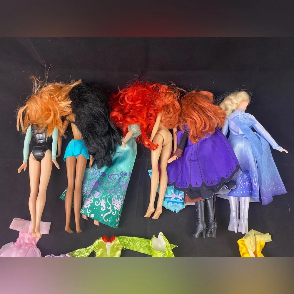 Disney Princess Dolls Dresses Mixed LOT Frozen Elsa Ariel Jasmine etc Needs TLC